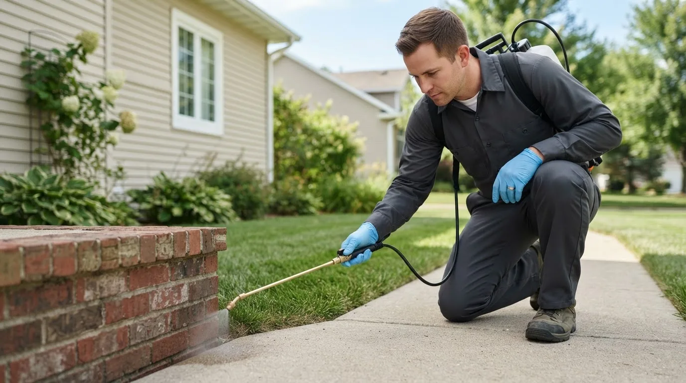 Pest control technician treating a home near Bath, ME
